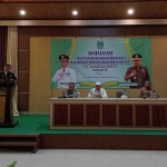 Kajari Kabupaten Pasuruan saat memberi sambutan dalam sosialisasi Pakem atau akronim dari pengawasan aliran kepercayaan masyarakat.