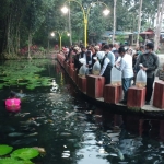 Gubernur Jatim Khofifah Indar Parawansa (kerudung putih) saat menabur benih ikan di Kolam Koi Desa Wisata Tirtosari View.