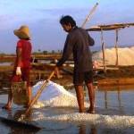 ?Petani garam sedang memanen tambaknya. Foto:faisal/bangsaonline