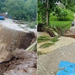 Kondisi jembatan penghubung Desa Tlokoh menuju Desa Durjan yang putus usai diterjang derasnya aliran air sungai.