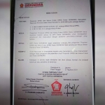 Surat rekomendasi penunjukan Rusdi sebagai Wakil Ketua DPRD Pasuruan dari DPP Gerindra.