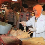 Petugas Dinas Peternakan dan  Perikanan Kabupaten Blitar memeriksa daging ayam di sebuah pasar.      Foto: Akina Nur Alana/ bangsaonline.com