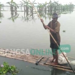 Warga sedang berangkat memasang jaring di sawah dengan menaiki bambu rakit atau perahu getek. foto: EKY NURHADI/ BANGSAONLINE