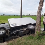 Kondisi pikap box terguling ke sawah usai menabrak pengendara motor.