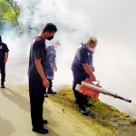 Satgas DPC PDIP bersama petugas Dinkes Trenggalek saat fogging. foto: HERMAN/ BANGSAONLINE