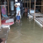 Lapak pedagang Pasar Sroyo yang sementara bertempat di lahan kosong Desa Mejuwet tampak tergenang.