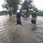 Air luapan Kali Lamong merendam rumah warga, jalan, dan persawahan di sekitarnya. foto: SYUHUD/ BANGSAONLINE