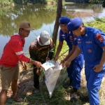 Petugas dari Satpolairud Polresta Sidoarjo dibantu warga saat membersihkan kawasan pesisir.