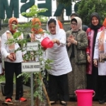 Didampingi Nina Soekarwo, ibu negara menanam pohon di depan Puskesmas Gitik Rogojampi Banyuwangi. Foto: GANDA S/BANGSAONLINE