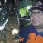 Kondisi motor korban usai menabrak pembatas jalan. Foto kanan, Agung Sedayu, Kepala BPBD Kota Batu.