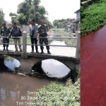 Air sungai tampak berwarna merah (foto kanan) dan kemudian kembali normal saat Tim Satpol PP melakukan penulusuran. (foto: ist)