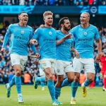 Pemain Manchester City merayakan gol ke gawang Brighton