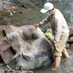 Kepala Seksi Museum dan Purbakala, Dinas Kebudayaan dan Pariwisata Kabupaten Kediri, Eko Priatna saat mengecek arca berbentuk kala di Sungai Penthul Dusun Kranggan Desa Nambaan Kecamatan Ngasem. foto: MUJI HARJITA/ BANGSAONLINE