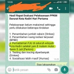 Tangkapan layar pesan broadcast yang berisi hasil rapat Satgas Covid-19 Kota Kediri sudah beredar ke publik sebelum diumumkan secara resmi.