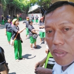 Satpam PT Utama Mama melarang media masuk untuk meliput demo, Senin (06/04). Tampak dari kejauhan beberapa pekerja sedang saat berorasi di dalam lingkungan pabrik. foto: IWAN IRAWAN/HARIAN BANGSA