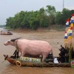 Perahu salah satu peserta Festival Bengawan Solo dihias dengan hewan sapi. foto: EKY NURHADI/ BANGSAONLINE