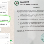 Keterangan tertulis yang dikirim RSNU Tuban kepada wartawan BANGSAONLINE.com, untuk klarifikasi kabar yang beredar terkait seorang dokter positif Covid-19. Foto kiri, screenshot salah satu percakapan di sebuah grup WhatsApp yang menyebutkan bahwa dokter berinisial DCR positif Covid-19.