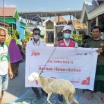 Manajemen JIIPE saat menyerahkan CSR hewan kurban untuk masyarakat sekitar kawasan. Foto: SYUHUD/ BANGSAONLINE