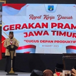 Gubernur Khofifah saat membuka Rakerda Pramuka Jatim 2023.