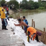 Warga dibantu petugas BPBD Lamongan saat menambal tanggul yang jebol.