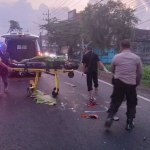 Anggota kepolisian saat mengevakuasi korban kecelakaan yang berada di ruas Jalan Desa Banjarsari, Kecamatan Creme, Gresik.