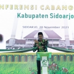 Bupati Sidoarjo, Ahmad Muhdlor Ali, saat memberi sambutan di Konfercab NU XXI Sidoarjo. Foto: Ist