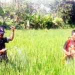 Pelda Soirin bersama petani, serta alat semprot rakitannya. foto: penrem081