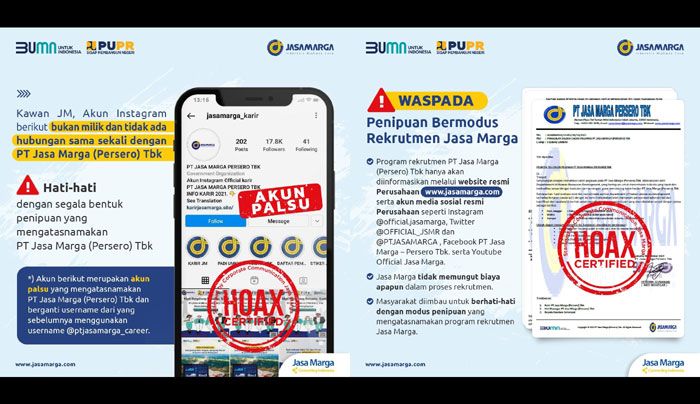 Waspadai Akun-Akun Hoaks Berkedok Rekrutmen Atasnamakan Jasa Marga