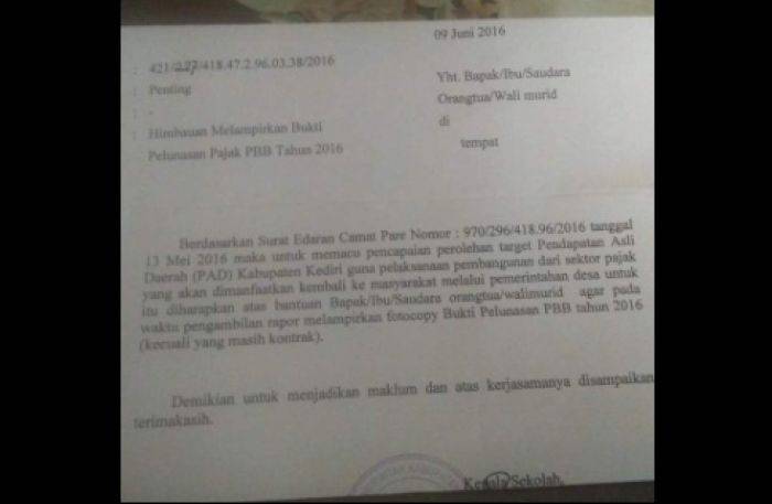  Kebijakan Aneh Sekolah Negeri Pare Kediri, Ambil Rapor Harus Lunas PBB 