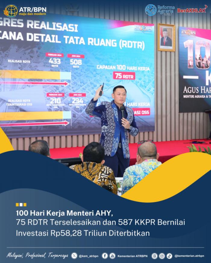 100 Hari Kerja AHY, 75 RDTR Terselesaikan dan 587 KKPR Bernilai 58,28 Triliun Diterbitkan