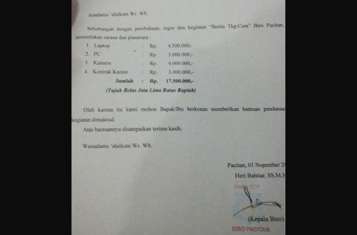 Berdalih Buka Biro Baru, Oknum Wartawan di Pacitan Diduga Minta Bantuan Belasan Juta ke Bupati