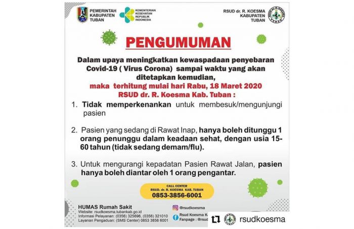 Mulai Besok, Pasien RSUD Tuban Tak Boleh Dibesuk