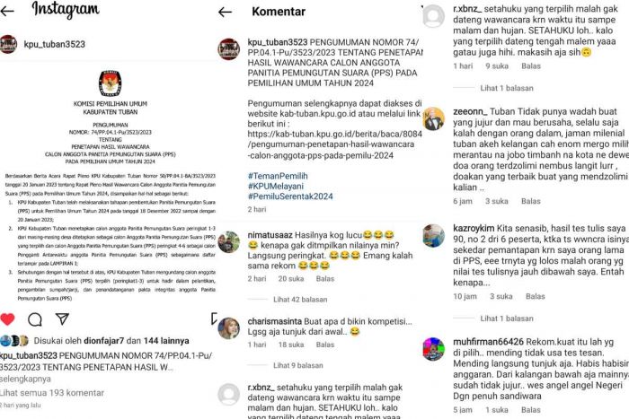 Tak Puas dengan Penetapan PPS pada Pemilu 2024, Netizen Geruduk Akun Sosmed KPU Tuban