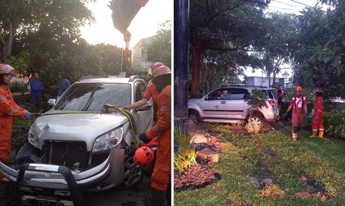 Diduga Mabuk, Mobil Anggota Polri Tabrak Taman di Jalan Raya Menur