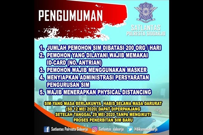 ​Pelayanan SIM Kembali Dibuka, Satlantas Polresta Sidoarjo Batasi Kuota 200 Orang per Hari