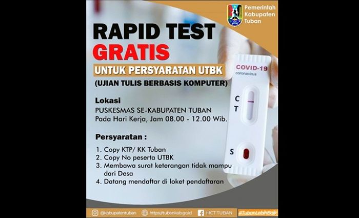 ​Pemkab Tuban Benarkan Info Rapid Test Gratis untuk UTBK, Begini Syaratnya