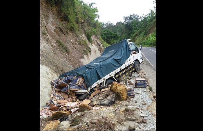 Tak Kuat Menanjak, Truk Pengangkut Keramik Terperosok di JLS Pacitan