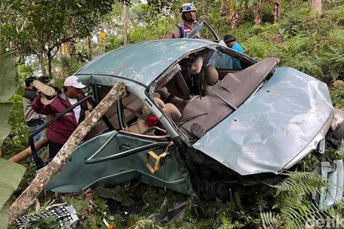 Nahas! Hendak ke Pemandian Air Panas Pacet Mojokerto, Toyota Avanza Nyungsep ke Jurang