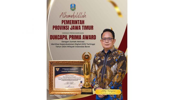 Aktivasi Identitas Kependudukan Digital Tertinggi, Pemprov Jatim Raih Dukcapil Prima Award 2024