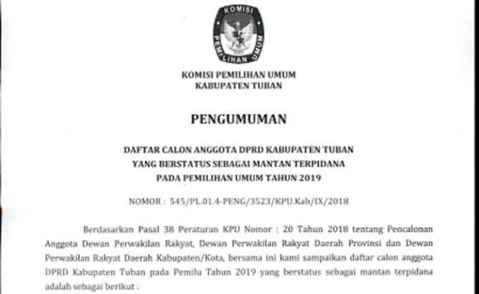 KPU Tuban Umumkan 6 Caleg DPRD Berstatus Mantan Terpidana, Siapa Saja?