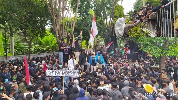 Demo Tolak Omnibus Law di Banyuwangi Kondusif, Polwan Berhijab Pandu Baca Asmaul Husna